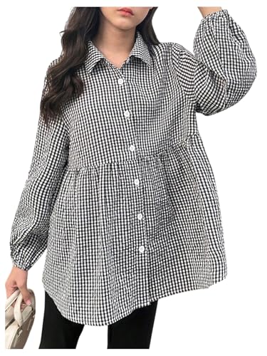 SweatyRocks Girl's Ruffle Peplum Blouses Plaid Long Sleeve Button Down Shirts