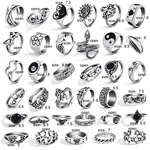35 Pcs Vintage Silver Knuckle Rings Set For Women Girl Men, 17If Grunge Gothic Rings Chunky Aesthetic Snake Stackable Ring Adjustable Y2K Punk Bulky Boho Finger Alt Of Rings, Stacking Fairy Skull Frog Heart Star Flower Midi Ring Pack #TOP5