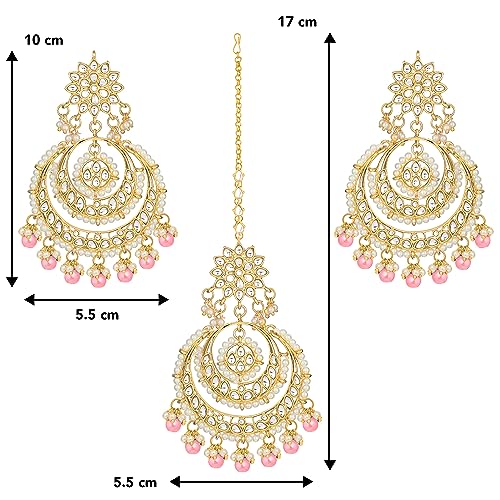 Image of Peora Traditional Jewellery Rhodium Kundan & Pearl Maang Tikka Earring Set for Women Girls