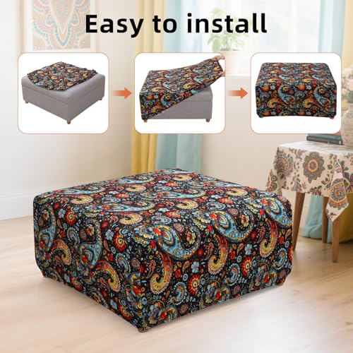 Image of YISUN Ottoman Cover Square, Stretch Printed Ottoman Slipcover Square, Thick Storage Ottoman Covers Washable Footrest Stool Cover Protector with Nonslip Elastic Bottom