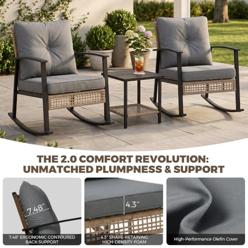 TARKARI 3-Piece Patio Rocking Chairs Set of 2, Rocking Chair Bistro Set [Upgraded 2.0] & 2-Tier Coffee Table, Wicker Rocking Chair Outdoor Patio Furniture Set for Backyard, Porch, Balcony (Grey) - image 4