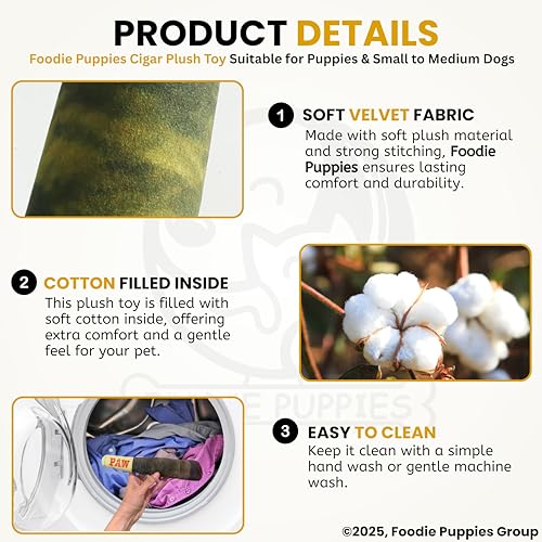 Image of Foodie Puppies Interactive Dog Plush Toy - (Cigar Design, 24cm) for Dogs & Puppies | Non-Toxic, Stuffed, Grinding Teeth, Playful, Soft, Chew Toy for Small to Medium Dogs