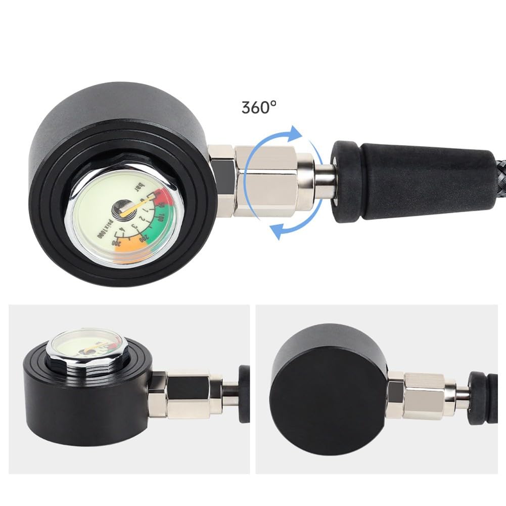 Manguera luminosa de alta presión de fibra de carbono, clasificación de 300 bares, giro de 360°, rosca 7/16-20UNF compatible con tanques