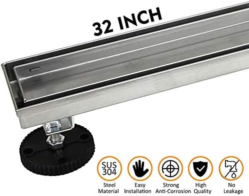 32-Inch Linear Shower Drain with Tile Insert Grate, Brushed 304 Stainless Steel Long Shower Floor Drain for Bathroom, Rectangle Floor Shower Drain with Adjustable Leveling Feet and Hair Strainer