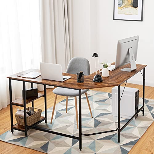 Tangkula Industrial L-Shaped Computer Desk, Space-Saving Corner Desk With Storage Bookshelves & Adjustable Foot Pads, Home Office Desk Study Workstation For Home Office (Rustic Brown) #TOP3