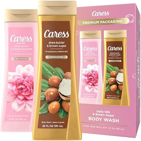 Caress Body Wash Set, Shea Butter & Brown Sugar + Daily Silk White Peach & Orange Blossom Moisturizing Body Wash for Gorgeous, Radiant Skin, Body Soap Liquid Set, 20 Fl Oz (2 Piece Set) Cover