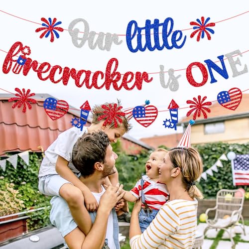 Image of Our Little Firecracker is One Banner 4th of July 1st Birthday Party Decorations for Kids Boy Girl Independence Day First Bday Party Supplies