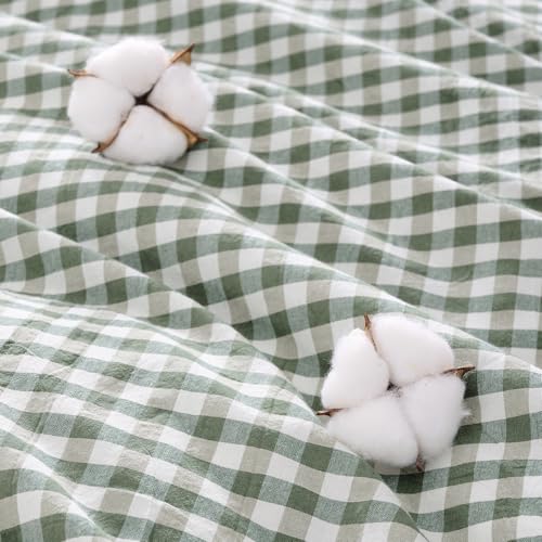 Image of Andency Sage Green Gingham Duvet Cover Queen, 100% Wash Cotton Linen Like Textured Breathable Comforter Cover Set, 3 Piece Classic Yarn-Dyed Checkered Plaid Bedding Set, 90 inch*90 inch