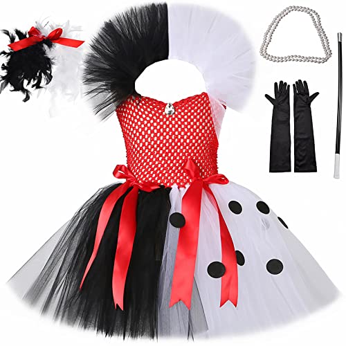Cynicism Girls Polka Dots Dress Up Birthday Christmas Party Tulle Dresses Kids Cruella Deville Costume Accessories Halloween Cosplay Outfits Wings Necklace Gloves The Pole 5Pcs Size 10T/12T, 09 #TOP6