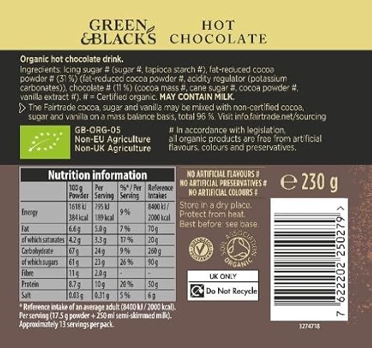 Green & Black's Organic Hot Chocolate Cocoa Powder 230 g (Pack of 1)