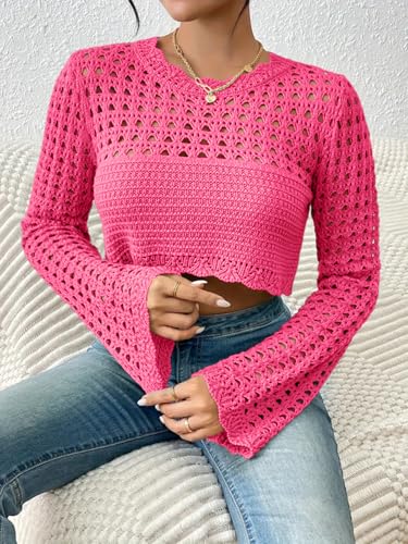 Image of Women's Crochet Lightweight Crop Sweaters Summer Boho Tops Long Sleeve Hollow Out Short Knitwear