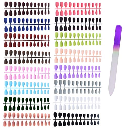 Umillars 288pc Matte Pure Color Stiletto False Nails Artificial Fake nails Full Cover Fingernails 12 Colors Nail Tips Kit with One Crystal Nail File for Nail Art Salon DIY Decoration (Stiletto set-12)