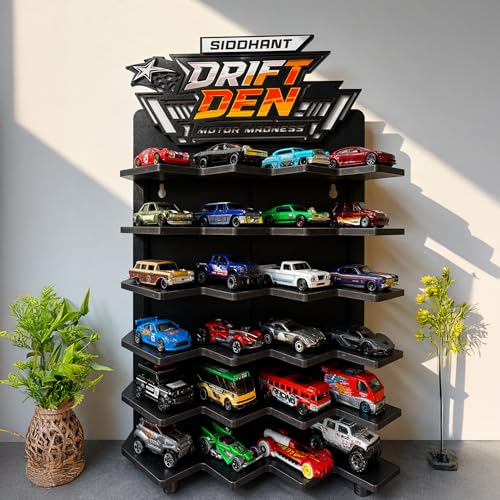 Image of 24 Slot Diecast Car Display Garage Rack for 1:64 Scale Cars | Wall Mounted Toy Car Organizer with Custom Name Plate | Wooden Display Stand for Kids Room & Collectors (Cars Not Included)
