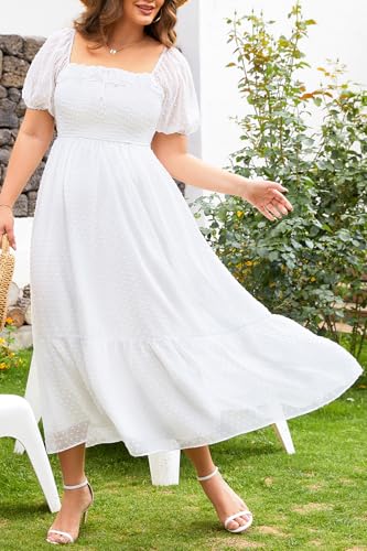 Image of Plus Size Summer Dresses - Swiss Dot Smocked Square Neck Puff Sleeve Boho Maternity Maxi Dress for Baby Shower Wedding Guest