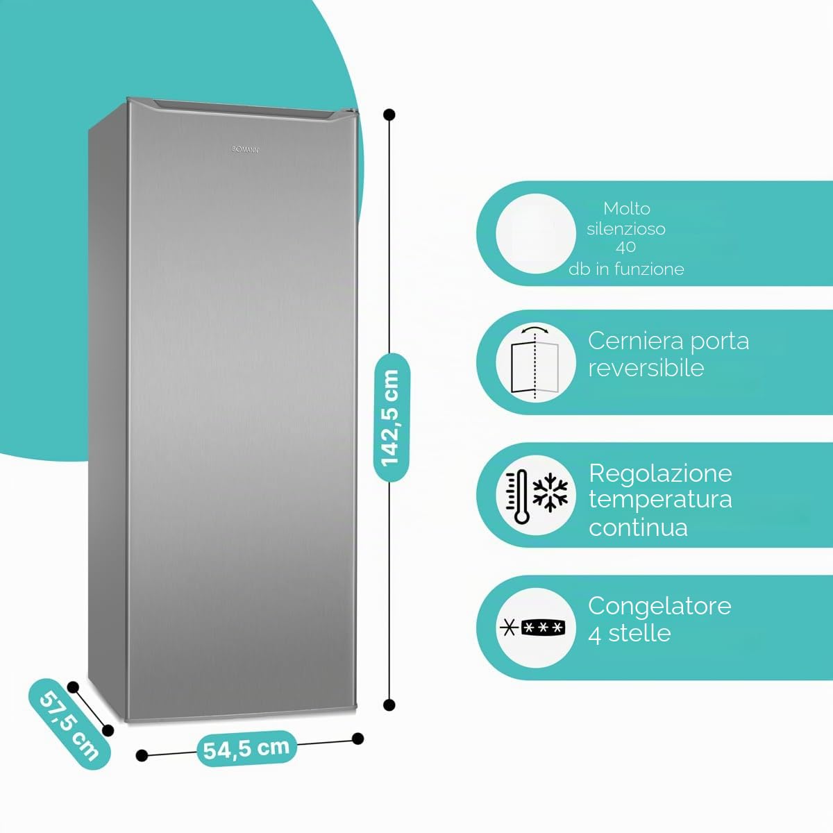 Congelatore Bomann® da 143 cm, Scomparto congelatore a 4 stelle, Intervallo di temperatura: ≤ -18 °C, Congelatore silenzioso a 40 dB, Cerniera della porta reversibile,