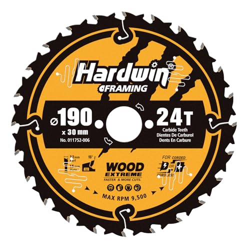 Hardwin Kreissägeblatt 190x30 mm Holz-24Z ATB Hartmetall-Zähne präzise Schnitte in Massivholz & Platten kompatibel mit Metabo Makita DeWalt Tisch- und Handkreissägen