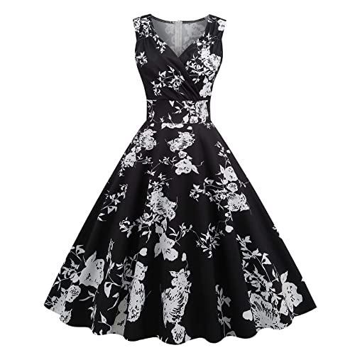 EMATOP Damen 50er Jahre Kleider Vintage Rockabilly Cocktailkleid Sexy Ärmellos Ballkleid Elegant A-Line Kleid Blumendruck Sommerkleid Knielang...