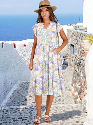 Image of ANRABESS Womens Summer Dress Ruffle Sleeve V Neck Midi Dresses Fashion Casual Fit Flowy Tiered Boho Beach Vacation Sundress