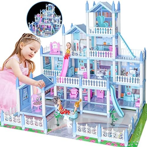Doll House Dreamhouse for Girls Blue Princess House with 3 Doll Figures, Lights, Stair,Terrace,Scene Mat Rich Furniture & Accessories, 4 Story 14 Rooms DIY Dream House for 3 4 5 6 7 8 Years Old Girls
