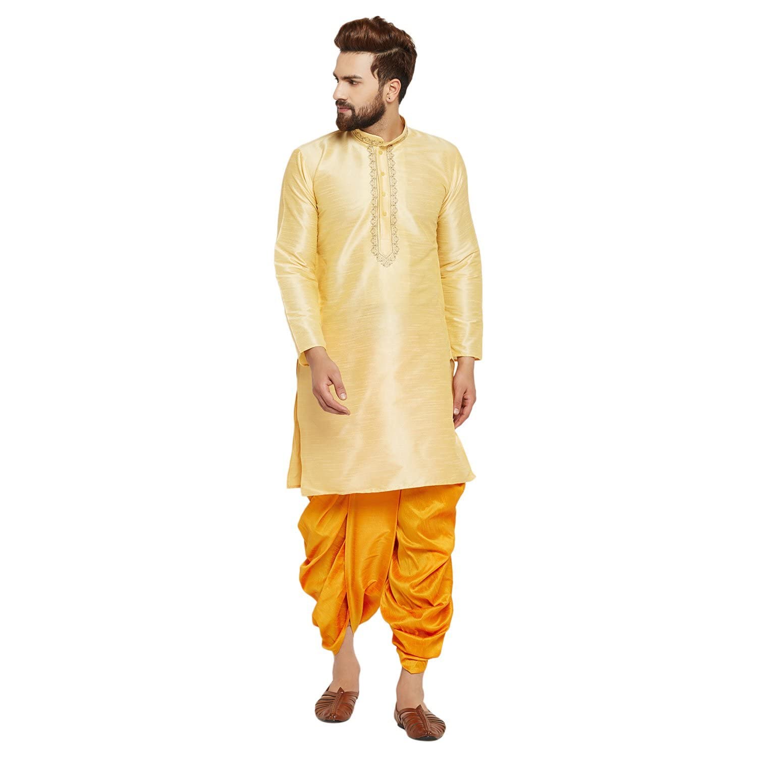 royal kurta Mens Cotton Silk Embroidered Kurta And Dhoti Pants Set-picture-12