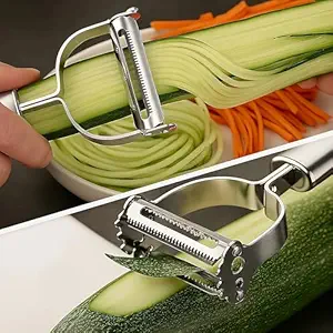 Top Chef 2-in-1 Kitchen Vegetable and Fruit Peeler, Stainless Steel, Julienne & Serrated Blades, Double-Edged Swivel Design for Bidirectional Peeling