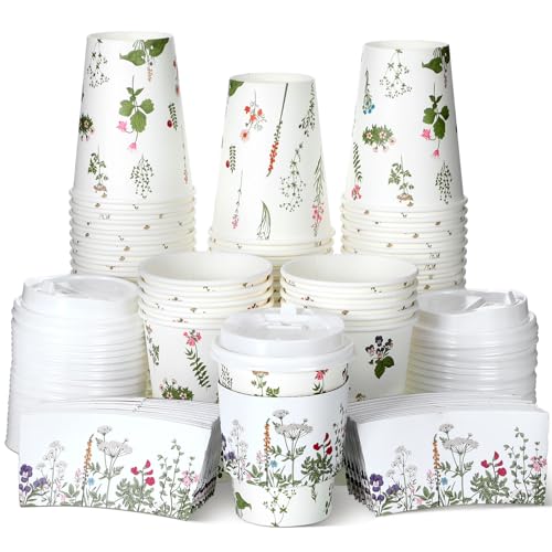 Vesici 60pcs 14oz Wildflower Botanical Coffee Cups with Lids and Sleeves