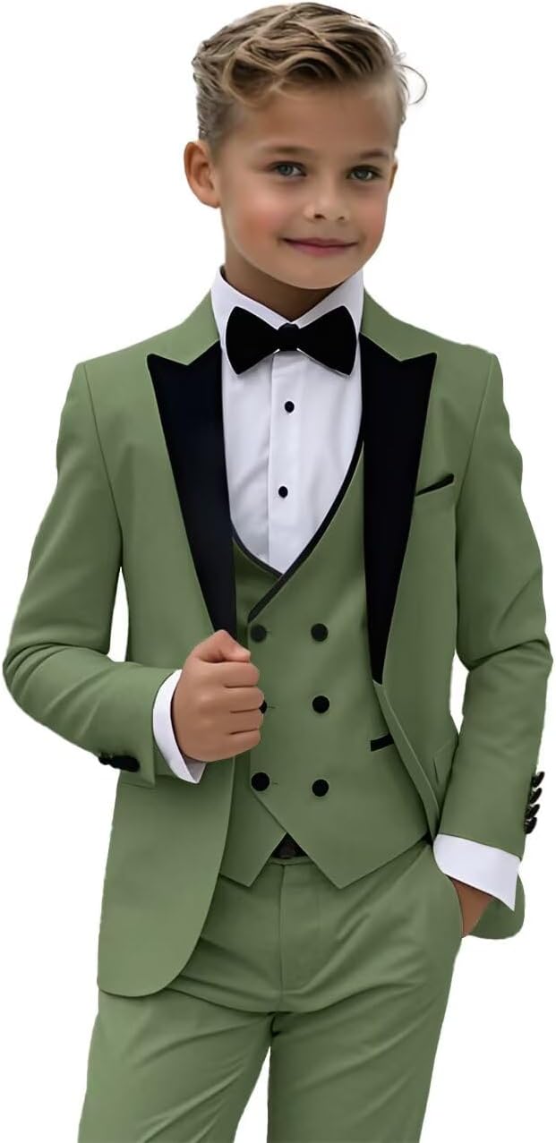 Boys Tuxedo Suit 3 Pieces Slim Fit Suit for Boy Peak Lapel Blazer Vest Pants Sets for Wedding Party Dinner Prom