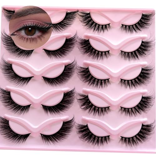 MAYMEET 3D False Eyelashes Faux Mink Fake Lashes 10 Pairs Fluffy Flutter Cat Eye & Fox Eye Styles,18mmm DIY Long Wispy Strip Soft Band for Beauty Makeup, Natural Dramatic Look