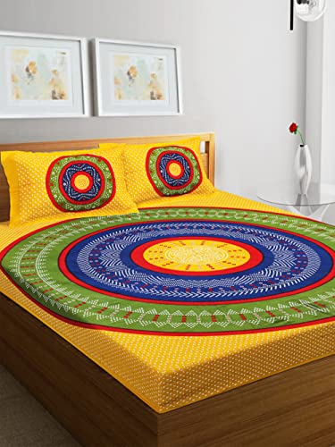 Image of RajasthaniKart Pure 100% Cotton Double Bed Sheet with 2 Pillow Covers (Bedsheet for Double Bed Cotton, Yellow, Bhandej)