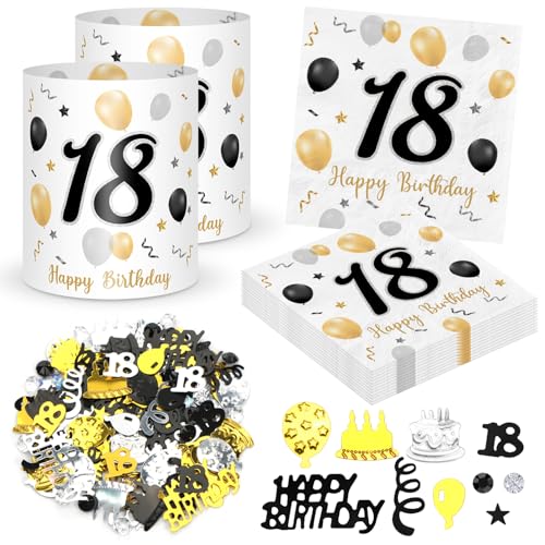 20 Pièces Serviettes 18e Anniversaire + 12 Pièces Décorations de Table Lanterne 18e+ 500 Pièces Confettis Décoration 18e Anniversaire Or Noir, 18e...
