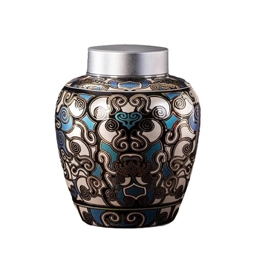 ENGENDER Tea Storage Jar Chinese Ceramic Tea Can Household Sealed Retro Storage Jar Food Organization(A)