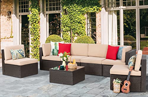 Vongrasig 7 Pieces Patio Furniture Sets, Outdoor Modular Sectional Sofa Patio Conversation Set PE Rattan Wicker Sectional Couch with Cushion, Glass Table for Patio, Garden, Poolside, Beige - Thumbnail 2