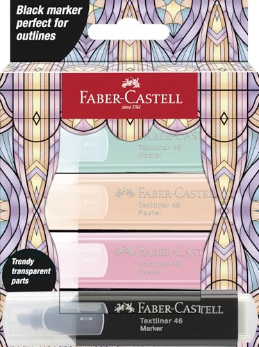 Faber-Castell 254694 - Set de surligneurs Glassy Pastell, étui de 4 pièces, marqueur noir inclus, pour enfants et adultes
