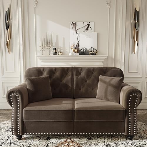 Image of KEIKI 63 inch Velvet Chesterfield Sofa with Rolled Arms & Nailhead Trim & 1 Ottoman, Modern 2-Seater Button Tufted Couch with High Resilience Cushion & 2 Pillow, Easy Assembly, for Living Room, Brown