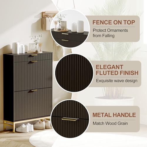 GarveeHome Wave Design Shoe Cabinet with 2 Flip Drawers, a Drawer, Fluted Shoe Cabinet, Modern Narrow Shoe Storage, Wooden Shoe Organizer with Large Capacity, Hidden Shoe Racks for Entryway, Black