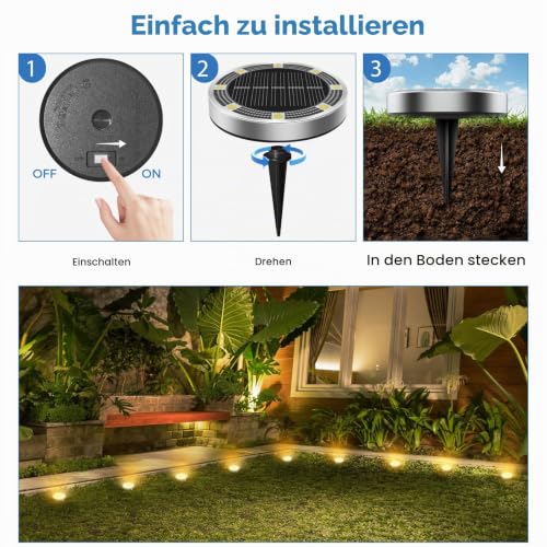 Peasur Solar Bodenleuchten Aussen, 4 Stück 8 LED Solarlampen für Außen Garten Wetterfest… – Ansicht 4