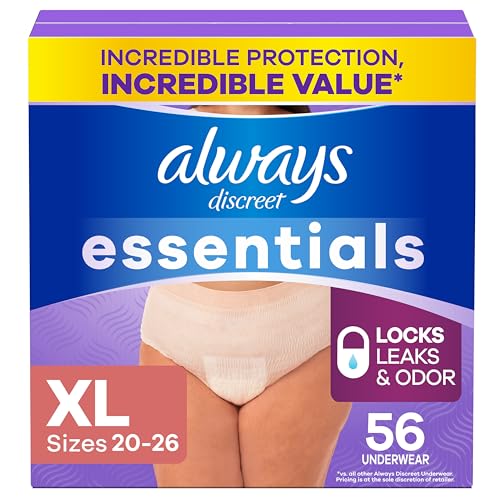 Always Discreet Essentials Adult Diapers for Women Postpartum Essentials Disposable Briefs Unscented Incontinence Underwear Bladder Leak Protection Size XL 56 Count