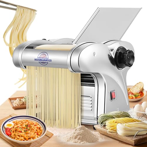 Moongiantgo Machine à Pâtes Fraiche, Machine Pates Electriques, Acier Inoxydable, Avec Lames de 1,5mm, 4mm et 9mm, Réglage de 9 Épaisseurs 0.3mm-3mm, pour...