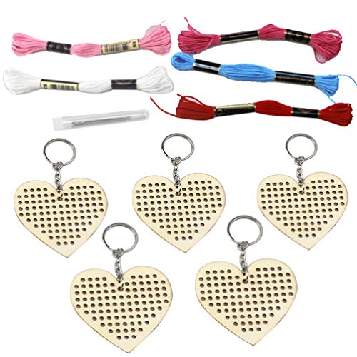 Image of EXCEART 5pcs Heart-Shaped Wooden Cross Stitch Keychain Kit DIY Craft Decoration Handmade Bookmark Set Embroidery Accessories for Beginners Random Colors