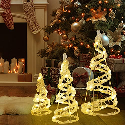 Adroiteet Set Of 3 Christmas Cone Tree Led Light, 8"-15" Acrylic Spiral Christmas Tree Decorations, Battery Operated Decorative Indoor Outdoor Lights For Home Yard Garden Lawn Holiday Xmas Party #TOP3