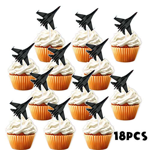 18Pcs Black Glitter Military Airplane Dessert Cupcake Topper Aviation Flying Theme Decor Supplies Baby Shower Children Boy Girl Happy Birthday Party Decorations #TOP2