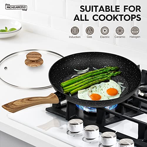 Image of Michelangelo Frying Pan Non Stick with Lid, 26cm Frying Pan with Nonstick Honeycomb Coating, Nonstick Frying Pan with Lid, Granite Frying Pan, Induction Frying Pan