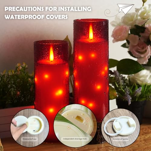 Image of kakoya 11 inch x 4 inch Large Outdoor Waterproof Flameless LED Candles with Remote and Timer,Acrylic Pillar Candles Battery Operated with Embedded Star String for Porch,Patio,Outdoor Decor,Set of 2(Red)