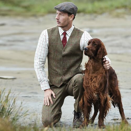 Premium Mens Green Irish Tweed Slim Fit Suit Set Groom Plaid Tuxedo Blazer Vest Pants2