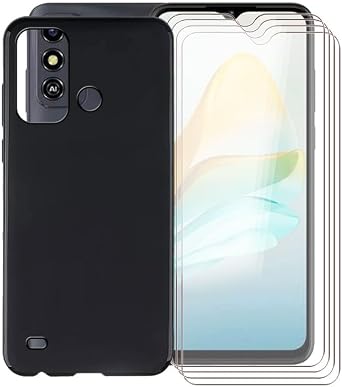 for ZTE Optus X Delight 2 Phone Case + 4 X Tempered Glass Screen Protector, Ultra-Thin Soft TPU Silicone Shell Shockproof Protection Case for ZTE Optus X Delight 2 6.52" - Black