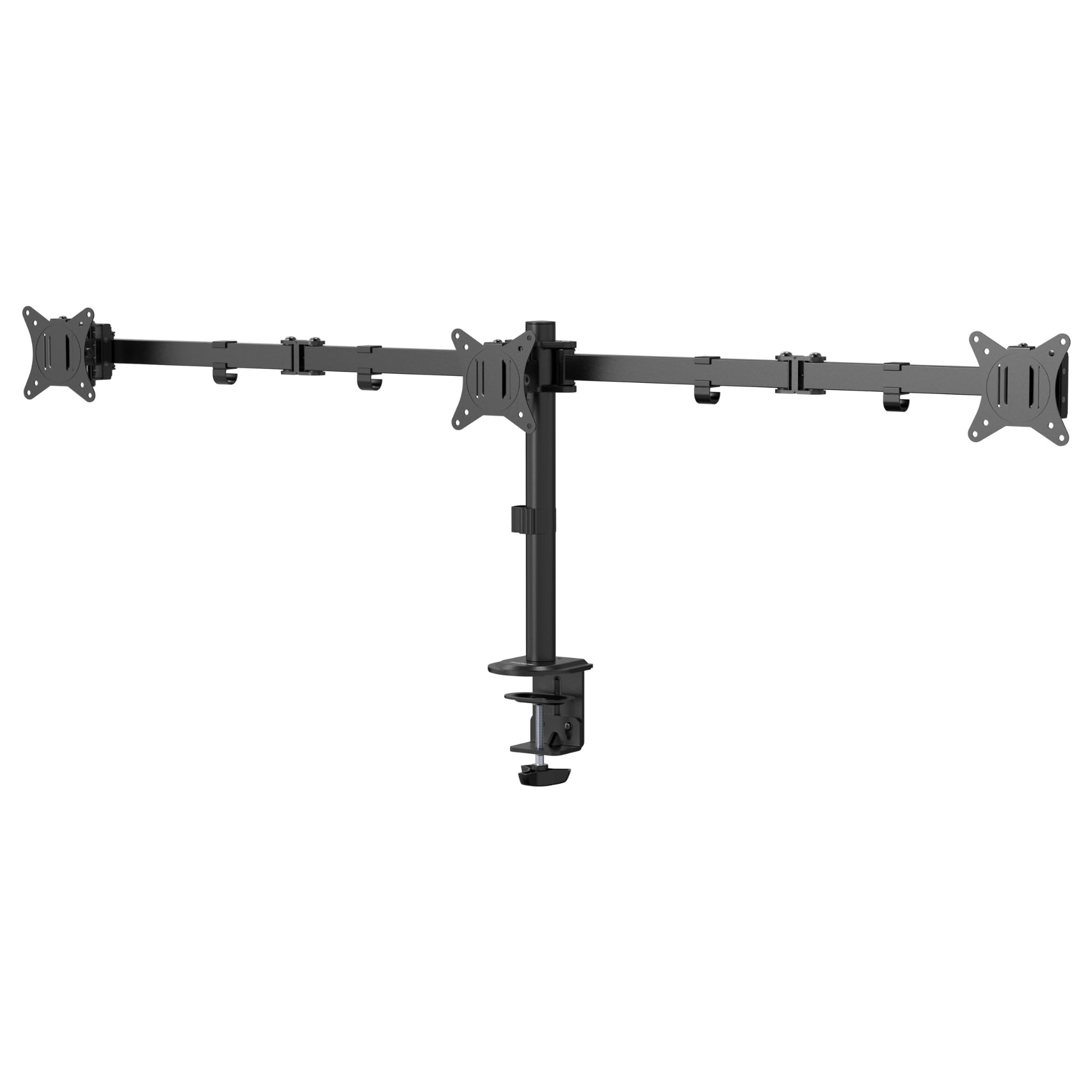 Soporte triple para monitor – Brazos articulados ajustables para pantallas de 17 a 27 pulgadas, soporta 7 kg cada una, giro e inclinación de movimiento completo, compatible con VESA de