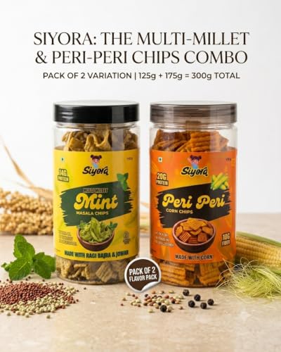 Image of SIYORA Peri Peri Corn Chips & Multi Millet Mint Chips Combo | Crunchy Baked Snacks | Spicy Peri Peri & Refreshing Mint Flavours | Millet & Corn Snack | Anytime Snacking | Pack of 2