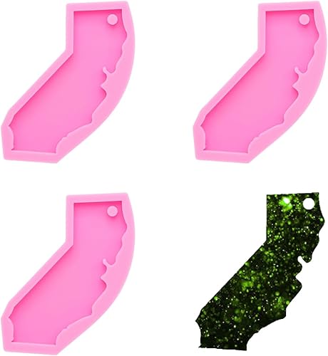 3 piezas brillantes y brillantes de América California State Map Llavero molde de silicona con agujero para etiqueta de equipaje DIY, decoración de