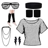 GWAWG Disfraz de los años 90 para mujer, parte superior de malla rosa fluorescente, conjunto retro con collar, bandales y gafas, traje de fiesta de los años 80/90 para fiestas de discoteca (negro)