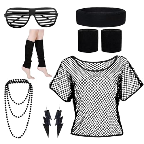 GWAWG Costume Années 90 Femme | Haut en Maille Rose Fluorescent | Set Rétro avec Collier, Bandaux & Lunettes | Tenue Fête 80s/90s pour Soirées Disco (Noir)